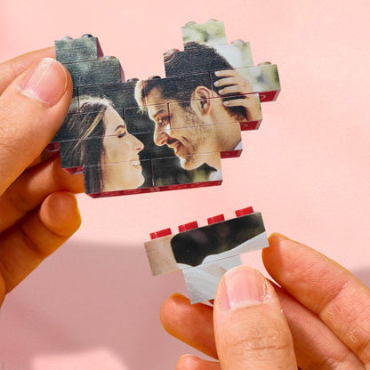 Close-up of personalised 'I Love U' building bricks showing interlocking pieces and high-resolution UV print on waterproof PVC