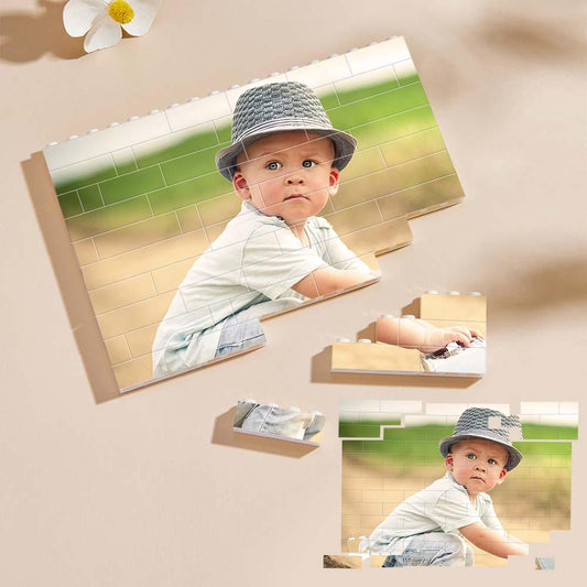 Alternate view of personalised horizontal rectangle photo building blocks puzzle displaying interlocking pieces, durable wipe-clean finish and engraved-name effect, ideal birthday, Christmas or teacher gift