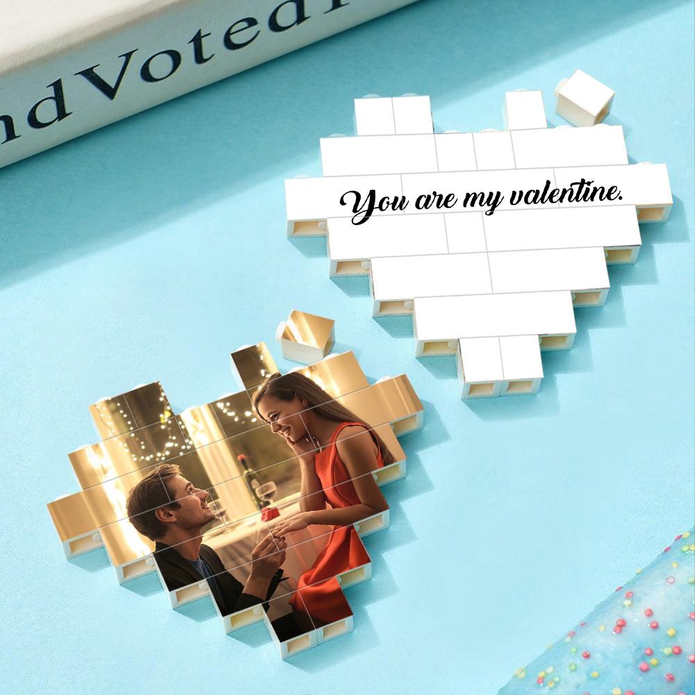 Personalised heart-shaped photo and custom text building brick block on horizontal PVC display, vibrant UV print, perfect personalised gift for couples
