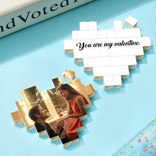 Personalised heart-shaped photo and custom text building brick block on horizontal PVC display, vibrant UV print, perfect personalised gift for couples