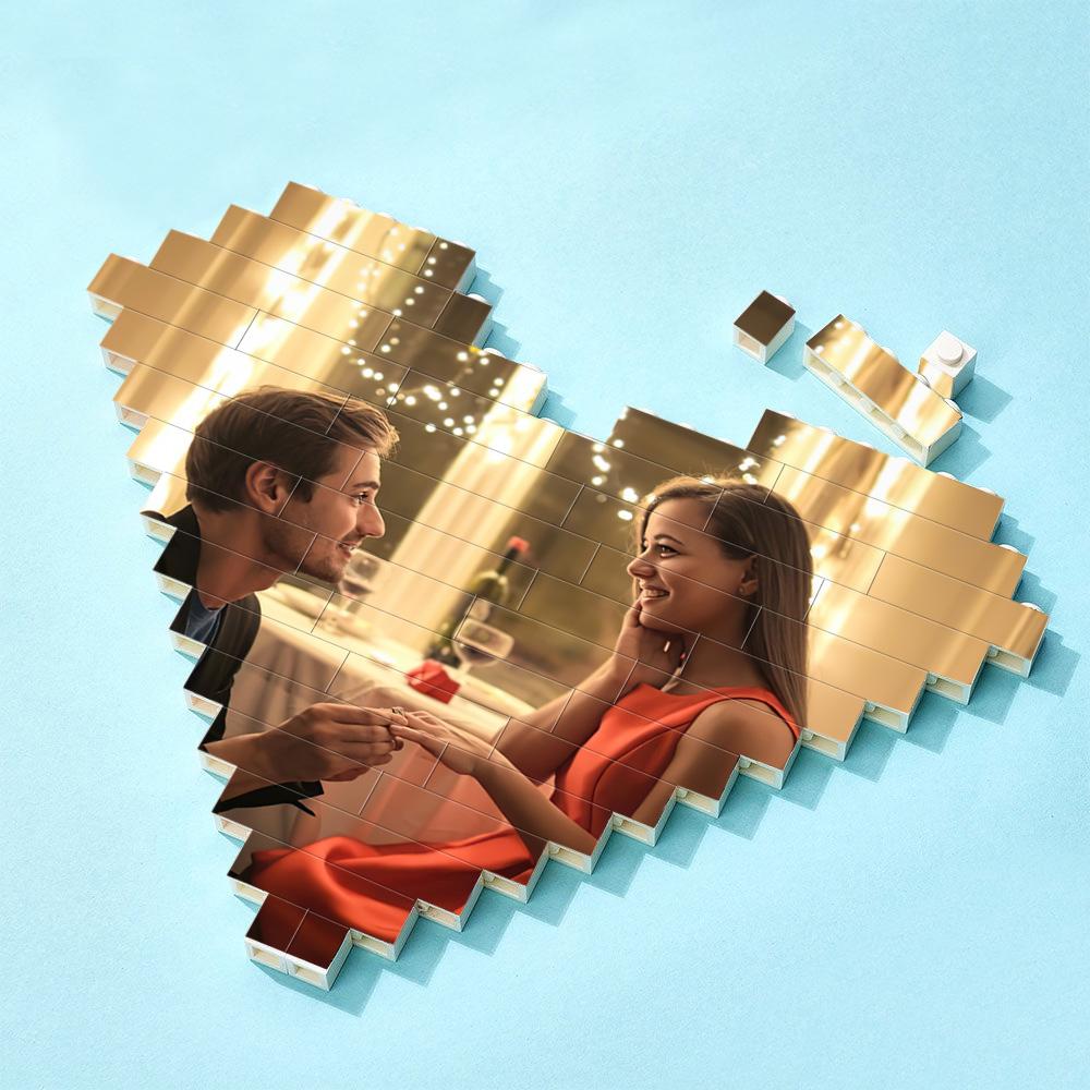 Angled view of customisable horizontal brick block featuring heart-shaped photo and personalised text, unique Valentine’s Day or anniversary gift for partner