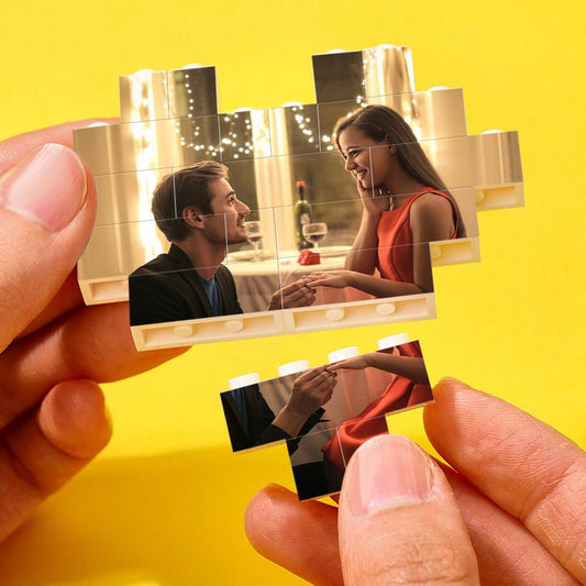 Personalised heart-shaped photo and custom text building brick block on horizontal PVC display, vibrant UV print, perfect personalised gift for couples