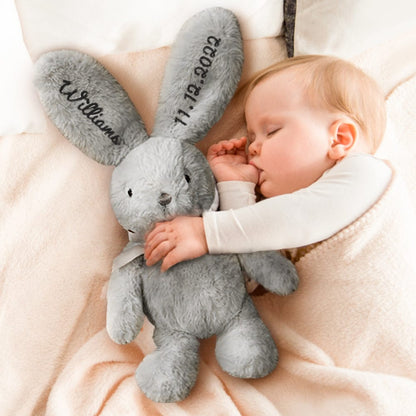 Collage of angles showing a personalised bunny plush with embroidered ears; soft, cloud-like fabric and baby-friendly design.