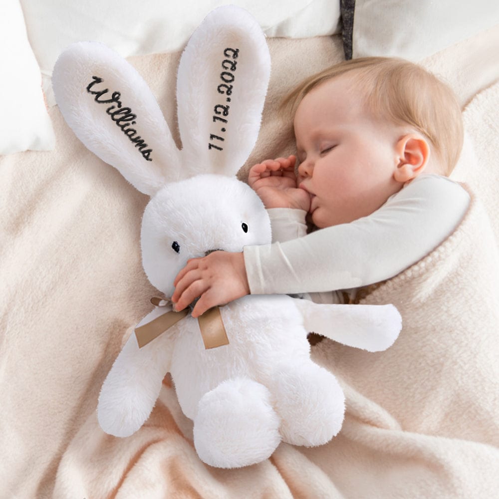 Front view of the personalised bunny plush highlighting the embroidered ears and baby-safe polyester fur.