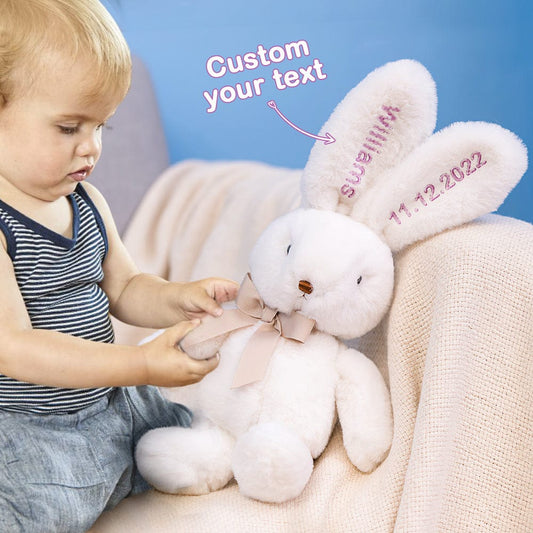 Soft personalised bunny plush with embroidered ears and facial features, made from baby-safe polyester; an Easter gift or nursery decor, customisation on the head only.