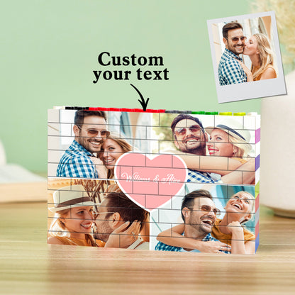 Personalised building brick photo puzzle showing a family portrait printed on a custom PVC block keepsake – UV single-sided print, waterproof 12.8 x 9.8 cm
