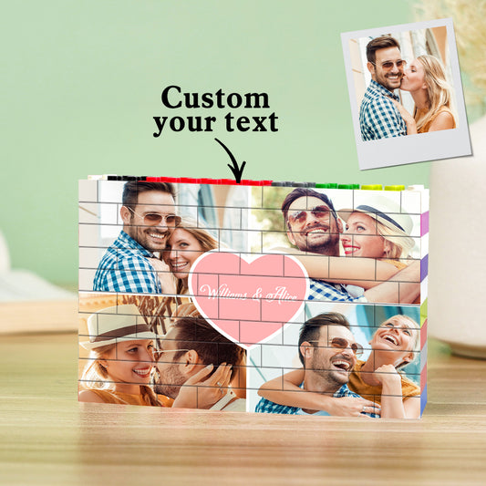 Personalised building brick photo puzzle showing a family portrait printed on a custom PVC block keepsake – UV single-sided print, waterproof 12.8 x 9.8 cm