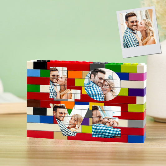 Personalised Love Building Brick assembled with a favourite photo printed on interlocking PVC bricks — custom photo block puzzle gift for weddings, Valentine's and anniversaries