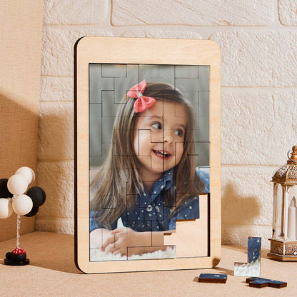 Personalised Photo Tetris Wooden Frame assembled with custom photo puzzle blocks – 17.8 x 26.7 cm premium wood finish