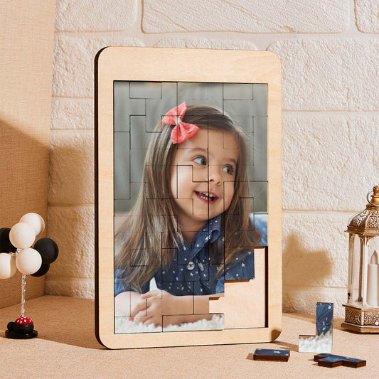Personalised Photo Tetris Wooden Frame assembled with custom photo puzzle blocks – 17.8 x 26.7 cm premium wood finish