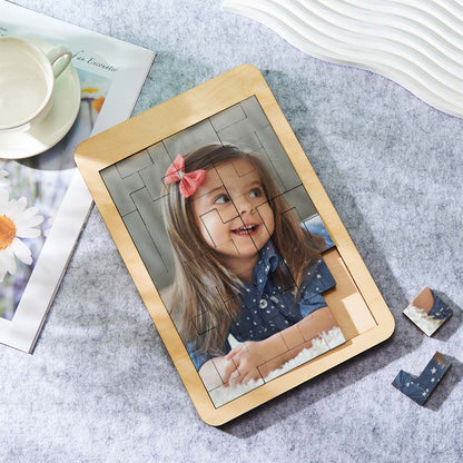 Close-up of personalised wooden Tetris photo blocks showing tactile grain and high-resolution custom image panels