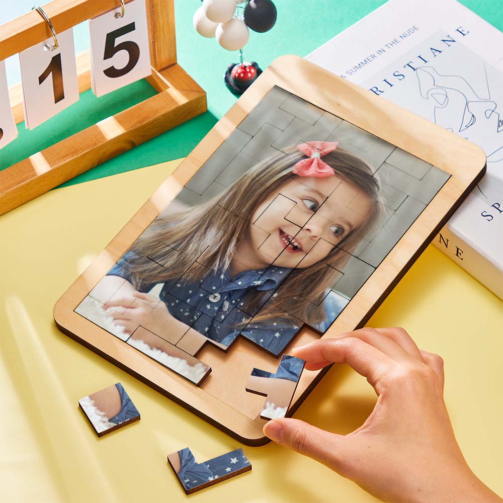 Child playing with custom photo puzzle blocks, assembling the Personalised Photo Tetris Wooden Frame – ideal for kids aged 3+