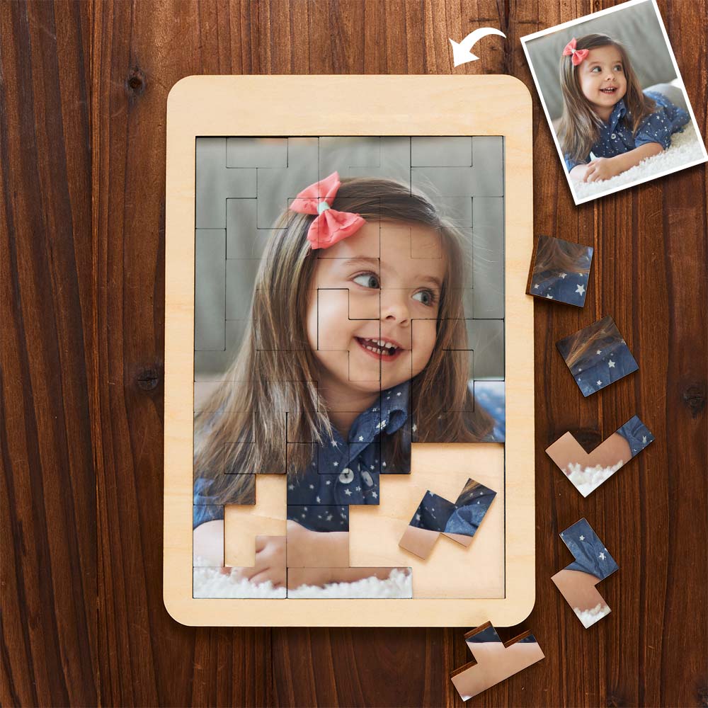 Personalised Photo Tetris Wooden Frame assembled with custom photo puzzle blocks – 17.8 x 26.7 cm premium wood finish