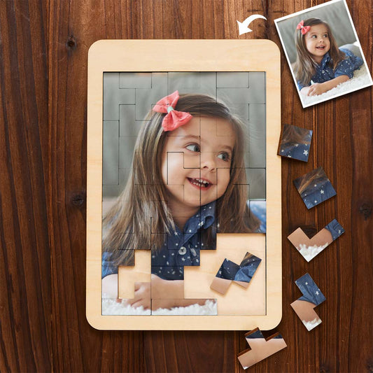 Personalised Photo Tetris Wooden Frame assembled with custom photo puzzle blocks – 17.8 x 26.7 cm premium wood finish