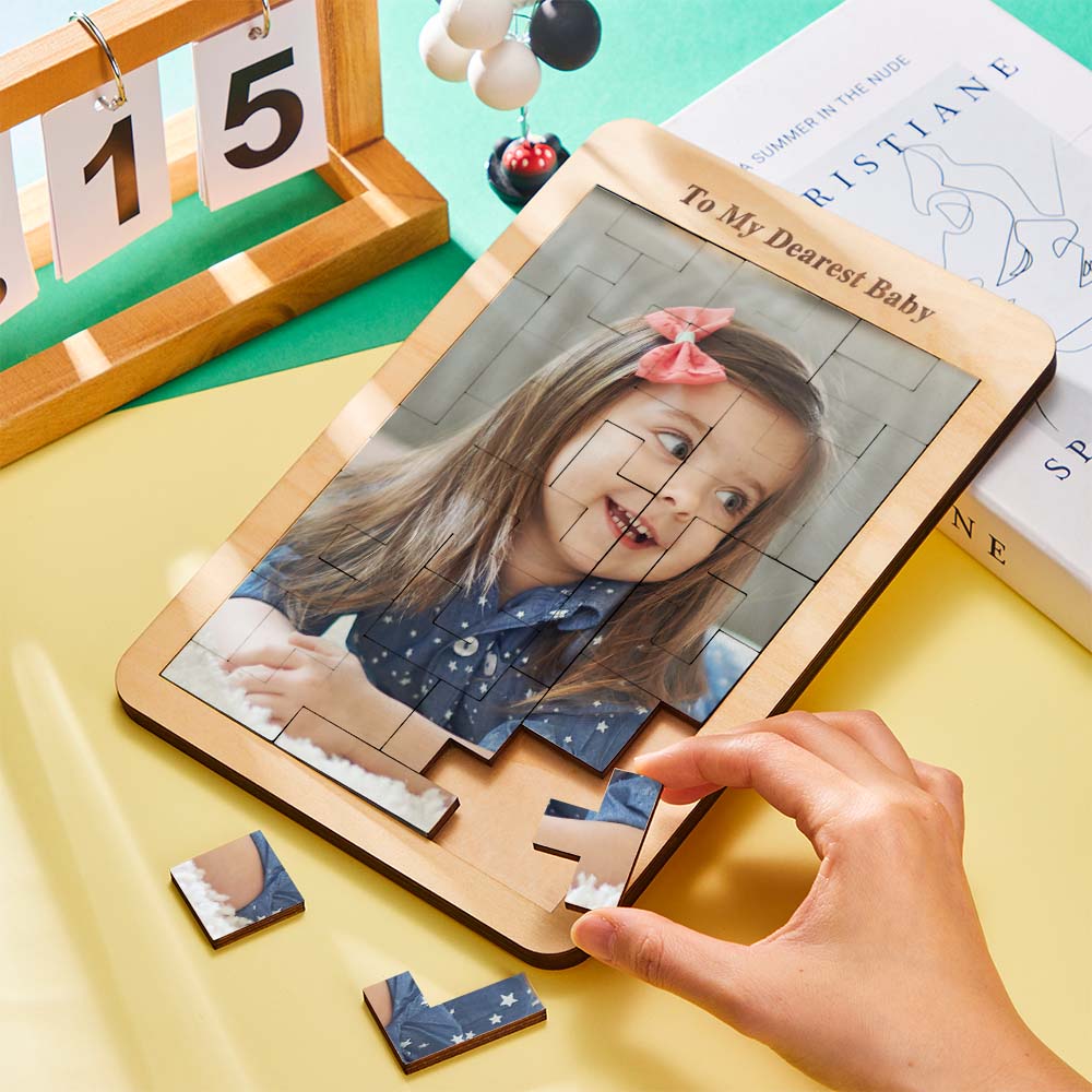 Product detail showing assembled size 17.8 x 26.7 cm and child-safe design, Personalised Photo Tetris Wooden Frame for ages 3+