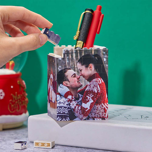 Close-up of personalised photo building block pen holder showing smooth edges, four-sided custom photo printing and compact 8.8 x 6.4 x 6.4 cm size — perfect custom brick gift for desks