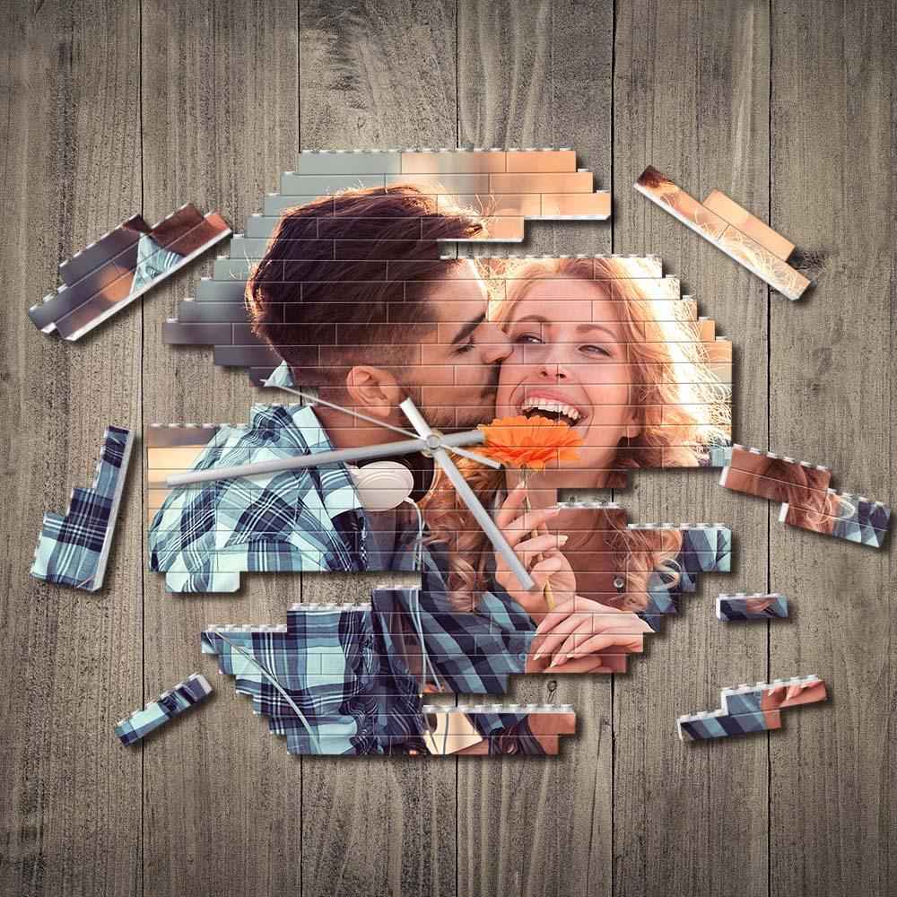 Custom Building Blocks Wall Clock Personalized Puzzle Custom Photo Brick Clock Couple Gift