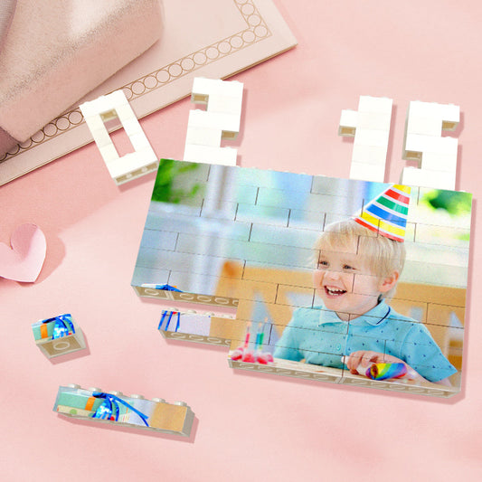 Personalised brick photo block styled on a shelf as a keepsake home décor piece – a bespoke custom photo brick gift for mums, partners and children