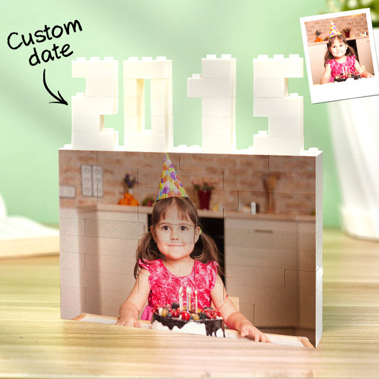 Personalised brick photo block styled on a shelf as a keepsake home décor piece – a bespoke custom photo brick gift for mums, partners and children