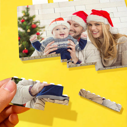 Personalised brick puzzle dismantled and reassembled to show interactive photo display — bespoke photo keepsake