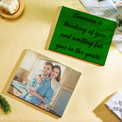Personalised Green Building Block Photo Puzzle displayed free-standing with horizontal panoramic photo, lightweight sturdy plastic blocks suitable for wall mounting
