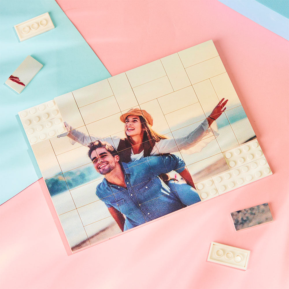 Family assembling a Personalised Photo Brick Puzzle — a playful, displayable photo frame and personalised building block gift for special occasions