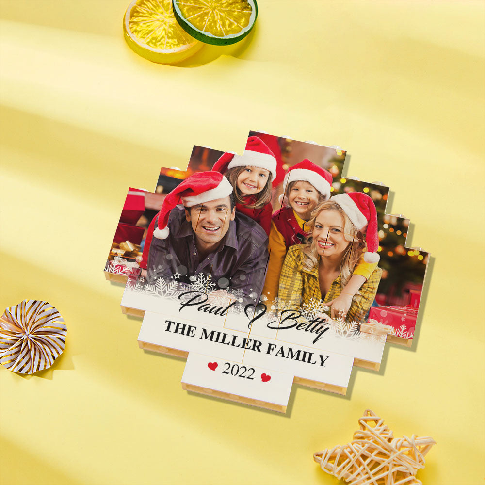 Close‑up of interlocking personalised photo bricks — durable wipeable finish on custom building block puzzle, ideal personalised gift
