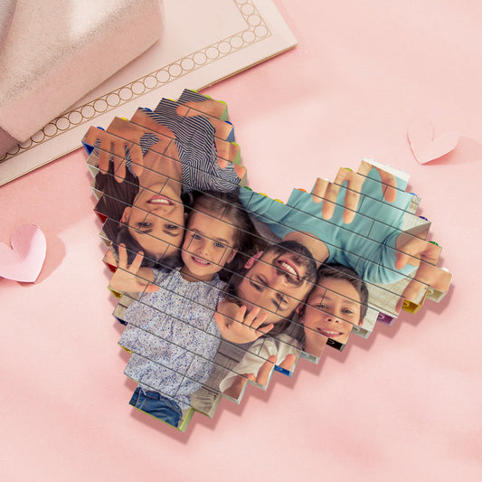 Large personalised heart-shaped photo block displayed upright on shelf — vibrant, fade-resistant UV digital print, ideal wedding or anniversary gift