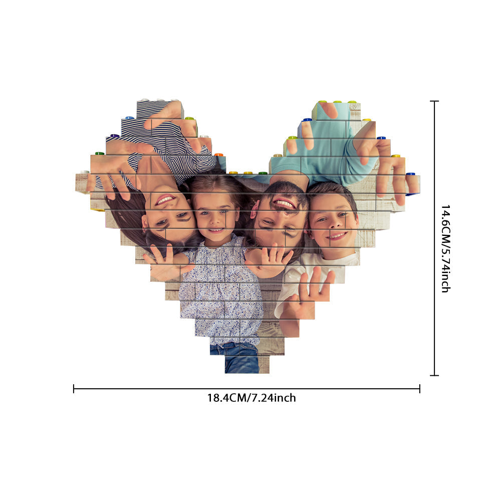 Dismantled large heart-shaped brick photo puzzle with pieces separated — interactive build, personalised custom photo block keepsake
