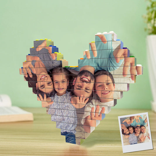 Large personalised heart-shaped photo block displayed upright on shelf — vibrant, fade-resistant UV digital print, ideal wedding or anniversary gift