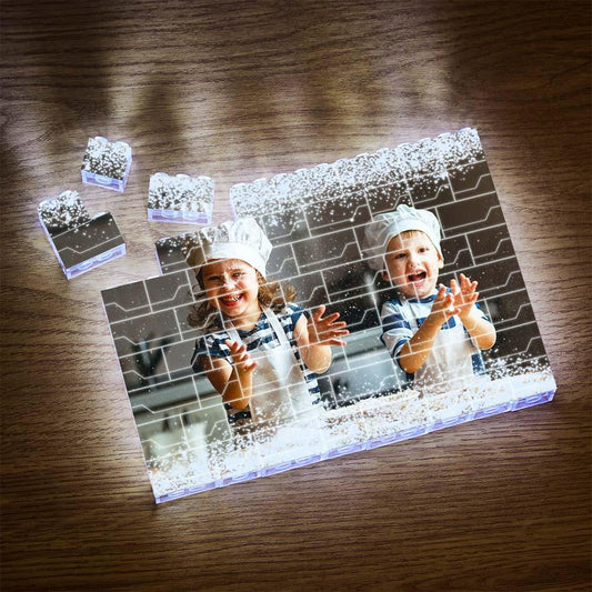 Angle view of Personalised LED Photo Brick showing modular blocks that can be disassembled and reassembled.