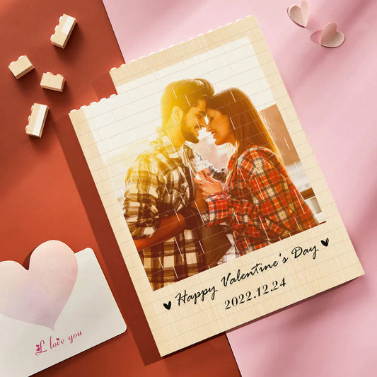 Close-up of personalised photo block showing fade‑resistant UV print and sturdy plastic interlocking design for a lasting photo keepsake