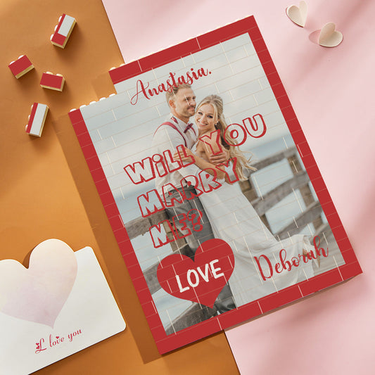 Personalised Vertical Photo Brick showing 'Will You Marry Me' proposal design with couple photo — custom building block puzzle keepsake