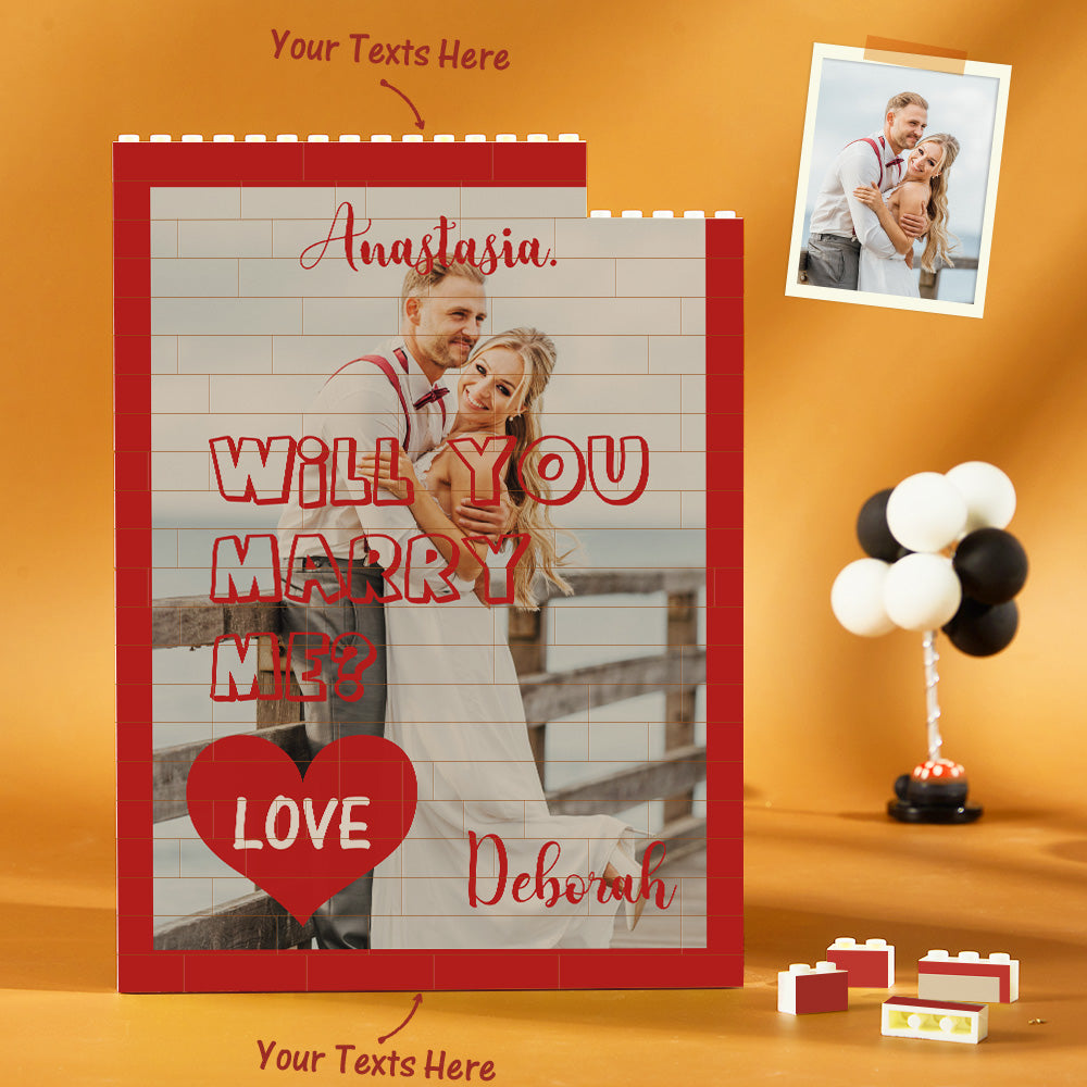 Personalised Vertical Photo Brick showing 'Will You Marry Me' proposal design with couple photo — custom building block puzzle keepsake