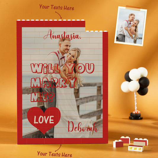 Personalised Vertical Photo Brick showing 'Will You Marry Me' proposal design with couple photo — custom building block puzzle keepsake