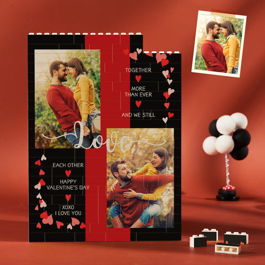 Personalised Vertical Photo Brick featuring a couple portrait — custom interlocking photo building block ideal for Valentine’s Day gifts
