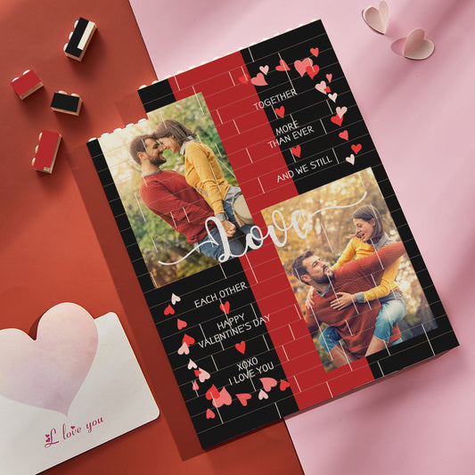 Personalised Vertical Photo Brick featuring a couple portrait — custom interlocking photo building block ideal for Valentine’s Day gifts