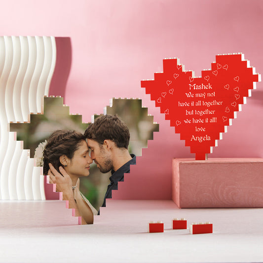 Custom Heart Photo Brick horizontal rectangle — personalised building block puzzle forming a heart, vibrant UV digital print photo keepsake for Valentine's or anniversaries