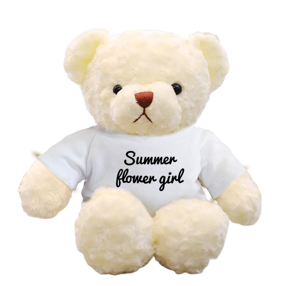 Collection of personalised teddy bear plush designs showing outfit variations — choose custom colours and prints for a unique birthday gift