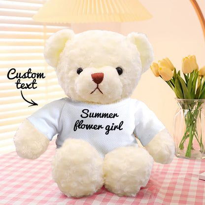 Custom teddy bear with personalised photo print on removable outfit — 11.8in plush keepsake you can personalise with high‑resolution images or text