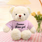 Side view of personalised teddy bear wearing removable outfit — custom plush present for birthdays, graduations or anniversaries