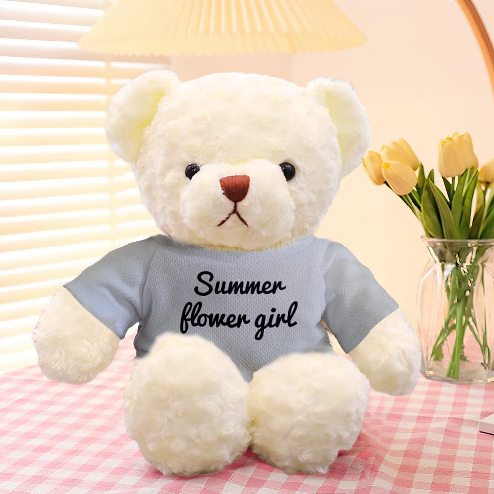 Detail of removable outfit and neat tailoring on a personalised teddy bear plush — perfect personalised gift for mum, dad or partner