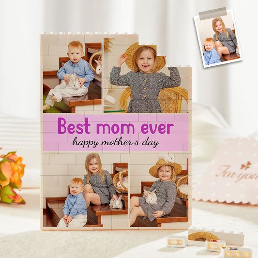 Personalised photo brick assembled as a freestanding photo block display — custom building block puzzle with vivid UV print, ideal personalised Mother's Day or teacher gift