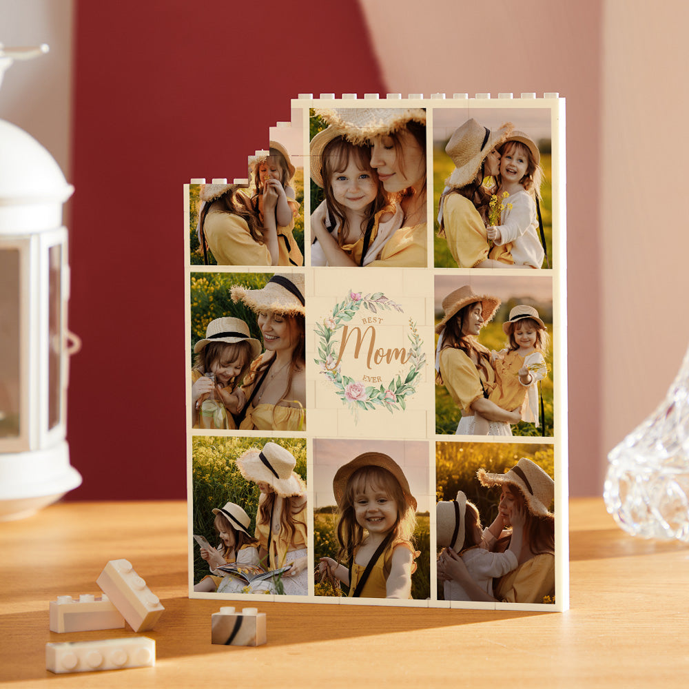 Personalised Building Block Photo Puzzle 'Best Mum Ever' assembled freestanding display showing family photo on vertical interlocking photo bricks – ideal personalised photo gift for Mother's Day