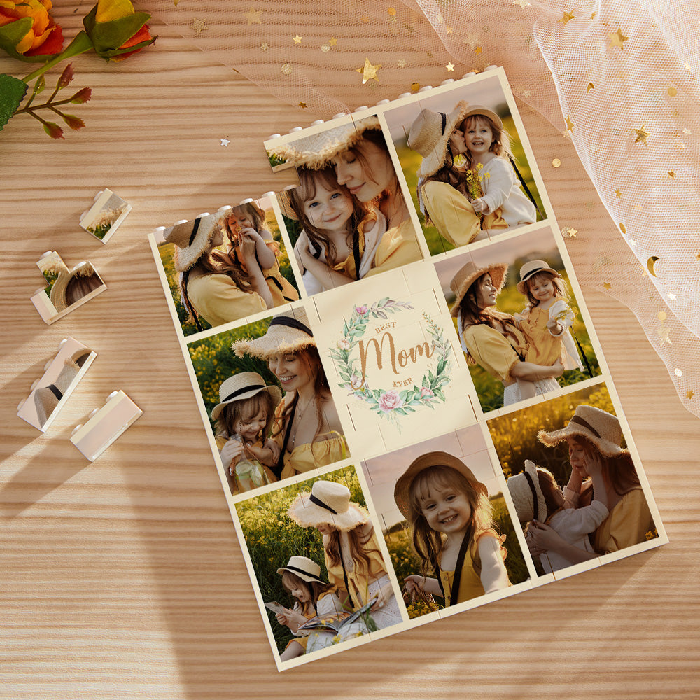 Close-up of personalised building block photo bricks with vibrant UV print and wipeable finish, demonstrating interlocking photo puzzle detail – Best Mum Ever keepsake