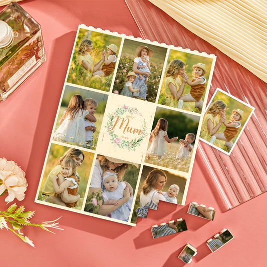 Personalised Building Block Photo Brick reading 'Best Mum Ever' — vertical interlocking photo blocks with vibrant UV print, free‑standing personalised gift for Mum.