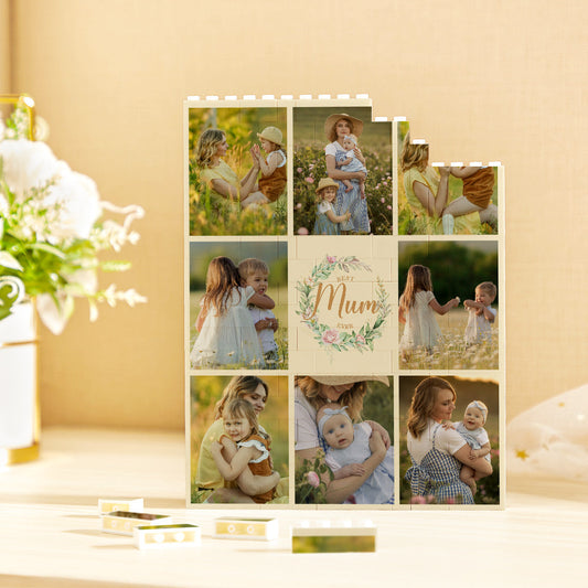Personalised Building Block Photo Brick reading 'Best Mum Ever' — vertical interlocking photo blocks with vibrant UV print, free‑standing personalised gift for Mum.