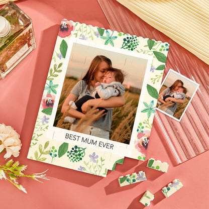 Custom Building Block Photo Puzzle – vertical photo bricks personalised with “Best Mum Ever”, vibrant UV print on durable plastic; free-standing or wall-mountable Mother’s Day gift for mum