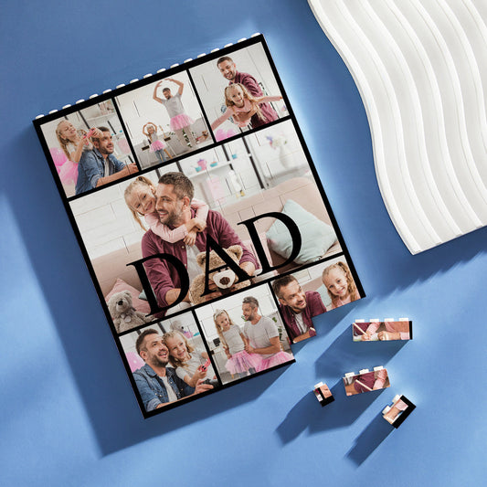 Personalised Building Block Photo Brick displayed wall‑mounted and partially dismantled to show puzzle assembly; unique vertical photo puzzle keepsake for Dad on Father's Day