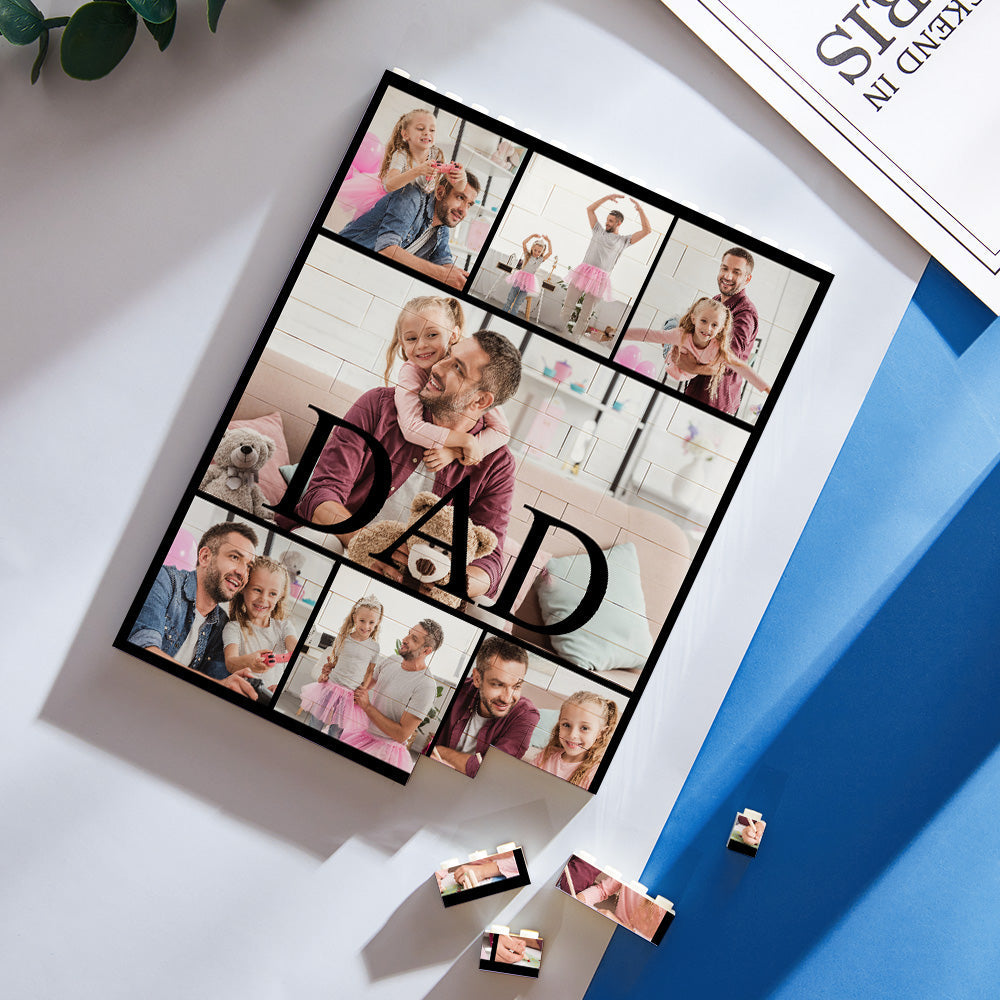 Close-up of Personalised Building Block Photo Brick showing interlocking brick detail and crisp, long‑lasting UV print; durable wipeable finish ideal for a Father's Day present